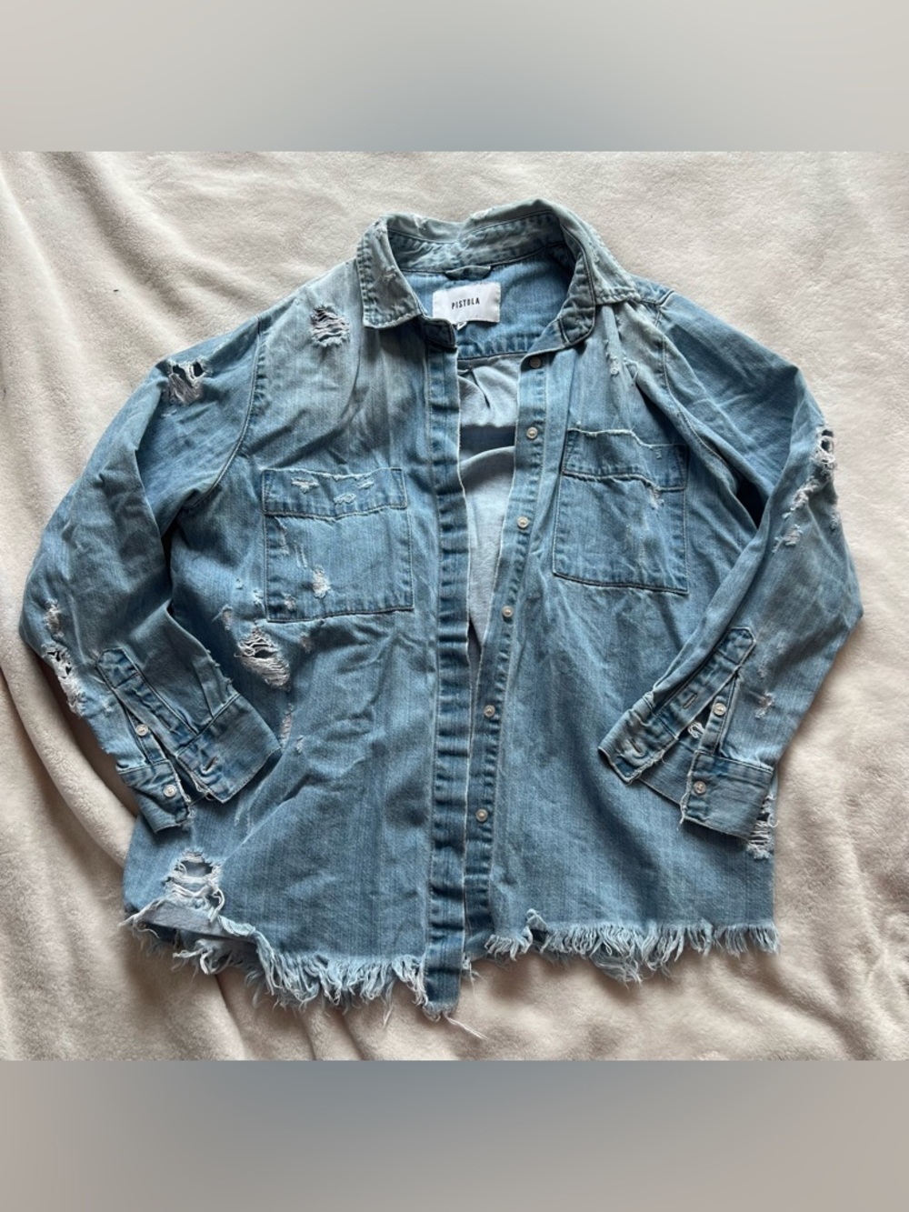Pistola 100% Cotton Light Blue Distressed Washed Denim button up shirt jacket